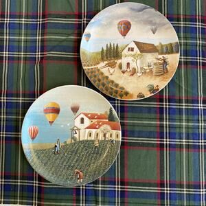 Vandor Lowell Herrero Pair of 8"‎ Porcelain Plates Hot Air Balloons Farm Village